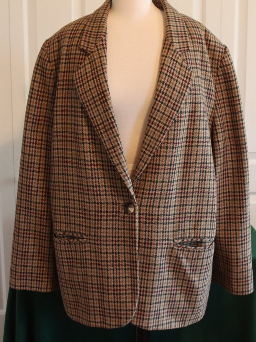 Sag Harbor Vintage Single Button Blazer Brown Houndstooh Plaid Wool Blend Sz 16